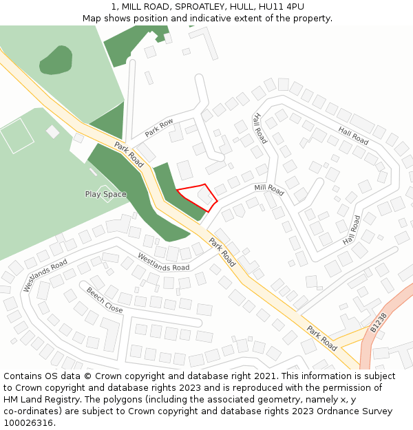 1, MILL ROAD, SPROATLEY, HULL, HU11 4PU: Location map and indicative extent of plot