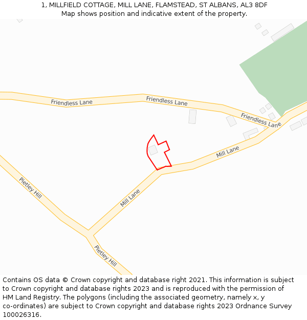 1, MILLFIELD COTTAGE, MILL LANE, FLAMSTEAD, ST ALBANS, AL3 8DF: Location map and indicative extent of plot