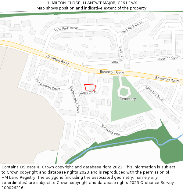 1, MILTON CLOSE, LLANTWIT MAJOR, CF61 1WX: Location map and indicative extent of plot