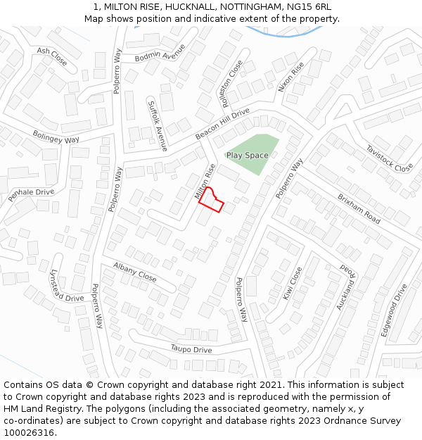 1, MILTON RISE, HUCKNALL, NOTTINGHAM, NG15 6RL: Location map and indicative extent of plot