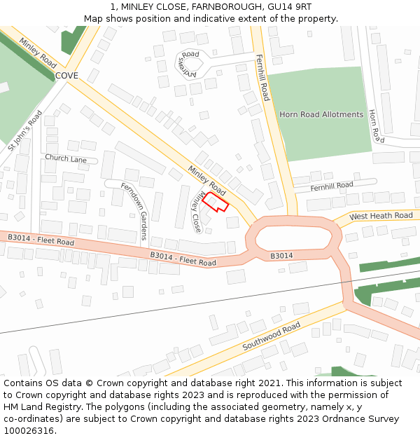 1, MINLEY CLOSE, FARNBOROUGH, GU14 9RT: Location map and indicative extent of plot