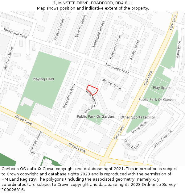 1, MINSTER DRIVE, BRADFORD, BD4 8UL: Location map and indicative extent of plot