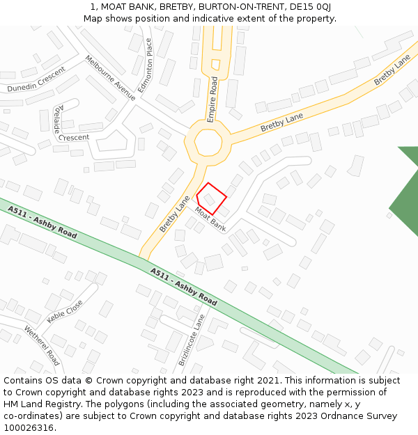 1, MOAT BANK, BRETBY, BURTON-ON-TRENT, DE15 0QJ: Location map and indicative extent of plot
