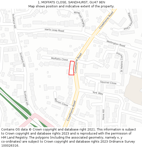 1, MOFFATS CLOSE, SANDHURST, GU47 9EN: Location map and indicative extent of plot