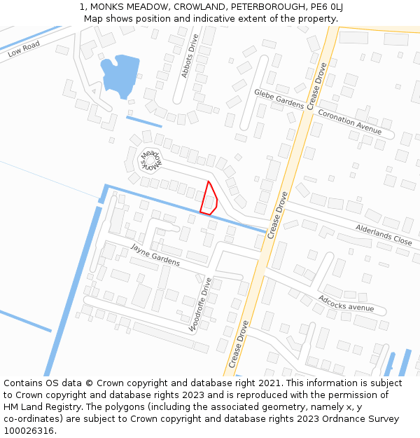 1, MONKS MEADOW, CROWLAND, PETERBOROUGH, PE6 0LJ: Location map and indicative extent of plot