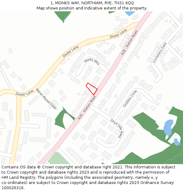 1, MONKS WAY, NORTHIAM, RYE, TN31 6QQ: Location map and indicative extent of plot