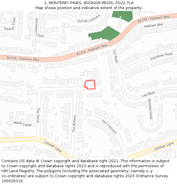 1, MONTEREY PINES, BOGNOR REGIS, PO22 7LA: Location map and indicative extent of plot