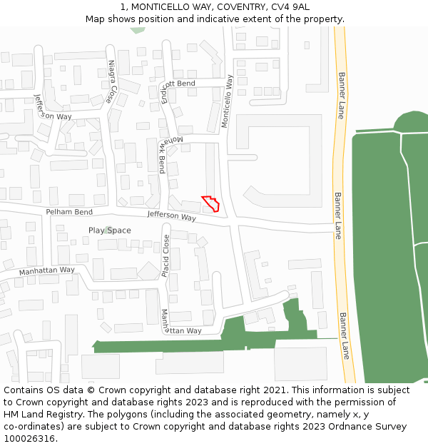 1, MONTICELLO WAY, COVENTRY, CV4 9AL: Location map and indicative extent of plot