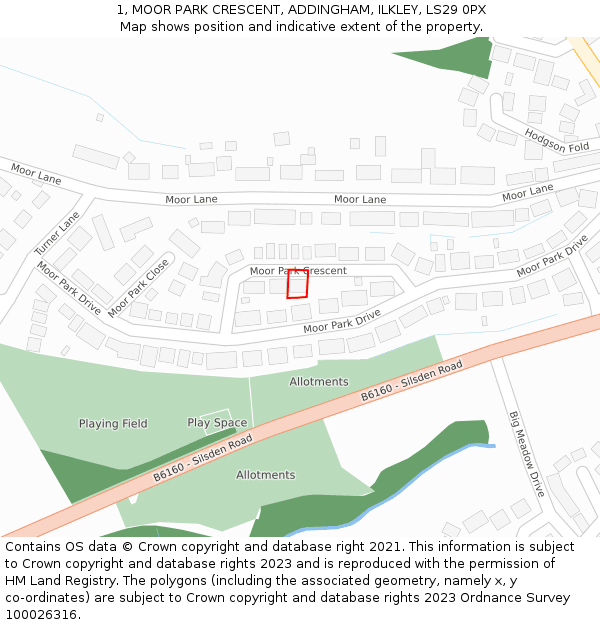 1, MOOR PARK CRESCENT, ADDINGHAM, ILKLEY, LS29 0PX: Location map and indicative extent of plot