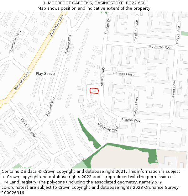 1, MOORFOOT GARDENS, BASINGSTOKE, RG22 6SU: Location map and indicative extent of plot
