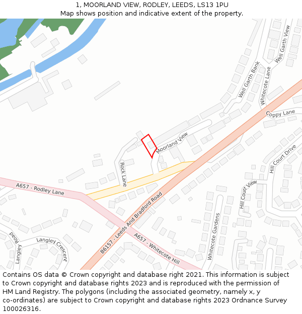 1, MOORLAND VIEW, RODLEY, LEEDS, LS13 1PU: Location map and indicative extent of plot