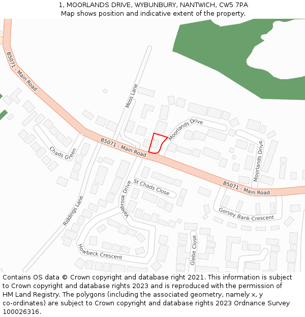 1, MOORLANDS DRIVE, WYBUNBURY, NANTWICH, CW5 7PA: Location map and indicative extent of plot