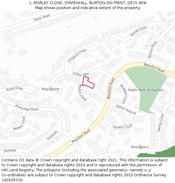 1, MORLEY CLOSE, STAPENHILL, BURTON-ON-TRENT, DE15 9EW: Location map and indicative extent of plot