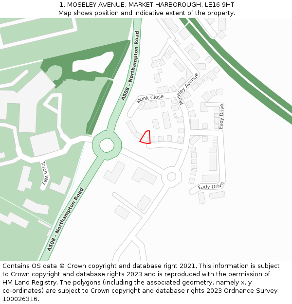 1, MOSELEY AVENUE, MARKET HARBOROUGH, LE16 9HT: Location map and indicative extent of plot