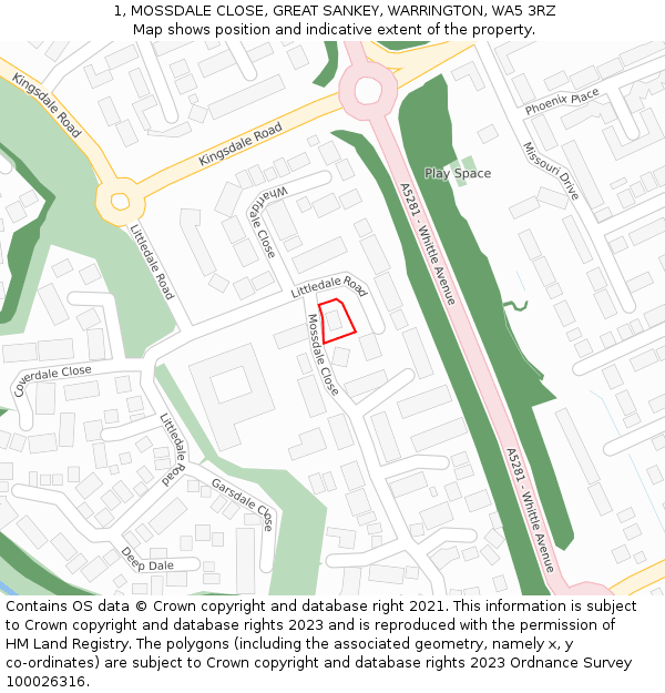 1, MOSSDALE CLOSE, GREAT SANKEY, WARRINGTON, WA5 3RZ: Location map and indicative extent of plot