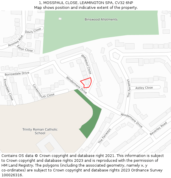 1, MOSSPAUL CLOSE, LEAMINGTON SPA, CV32 6NP: Location map and indicative extent of plot