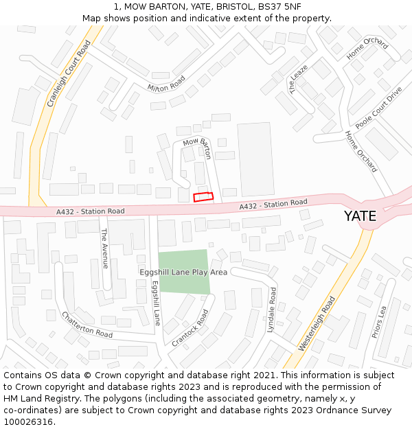 1, MOW BARTON, YATE, BRISTOL, BS37 5NF: Location map and indicative extent of plot