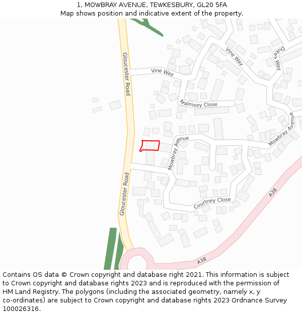 1, MOWBRAY AVENUE, TEWKESBURY, GL20 5FA: Location map and indicative extent of plot