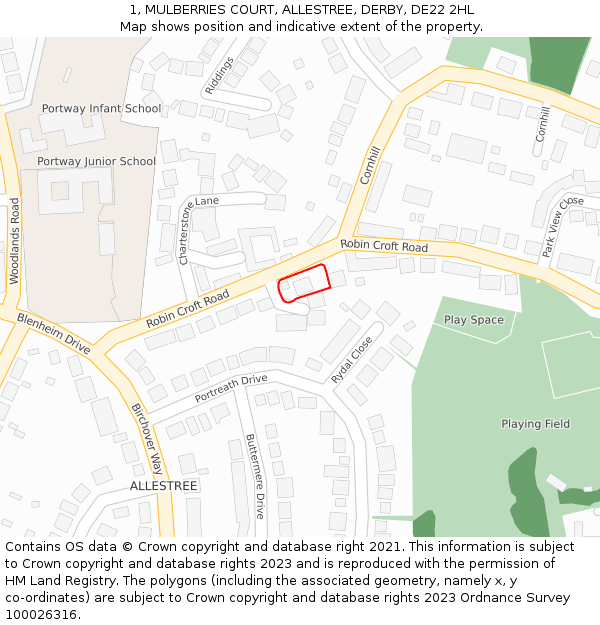 1, MULBERRIES COURT, ALLESTREE, DERBY, DE22 2HL: Location map and indicative extent of plot