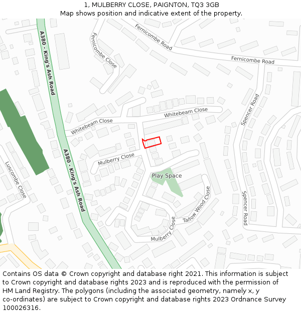1, MULBERRY CLOSE, PAIGNTON, TQ3 3GB: Location map and indicative extent of plot
