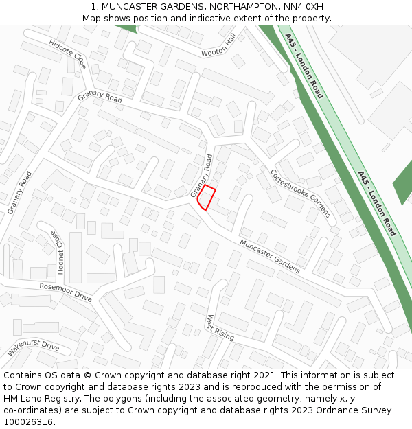 1, MUNCASTER GARDENS, NORTHAMPTON, NN4 0XH: Location map and indicative extent of plot