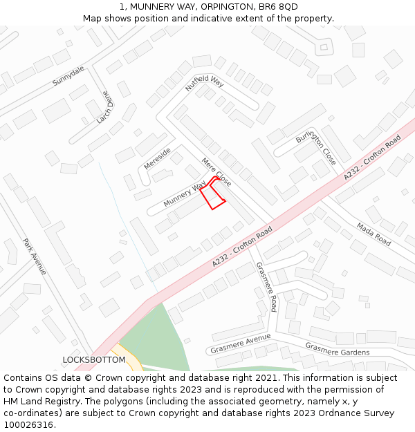 1, MUNNERY WAY, ORPINGTON, BR6 8QD: Location map and indicative extent of plot
