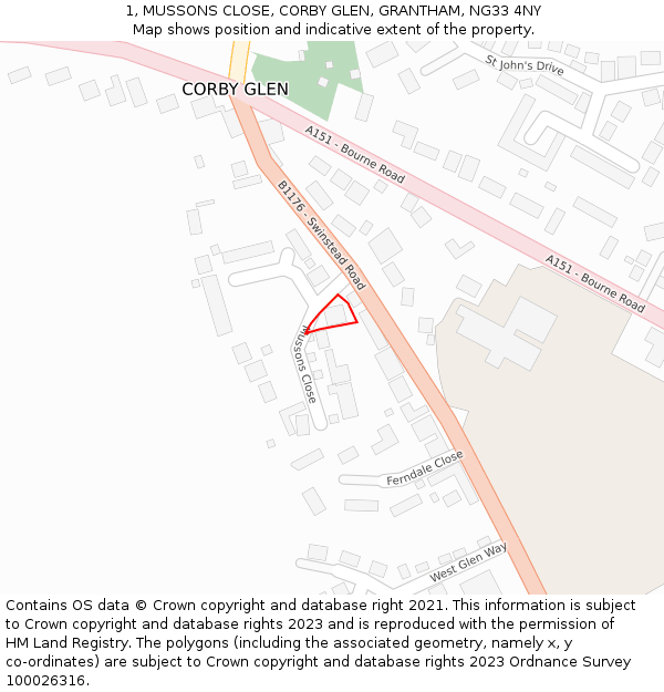 1, MUSSONS CLOSE, CORBY GLEN, GRANTHAM, NG33 4NY: Location map and indicative extent of plot