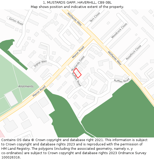 1, MUSTARDS GAPP, HAVERHILL, CB9 0BL: Location map and indicative extent of plot