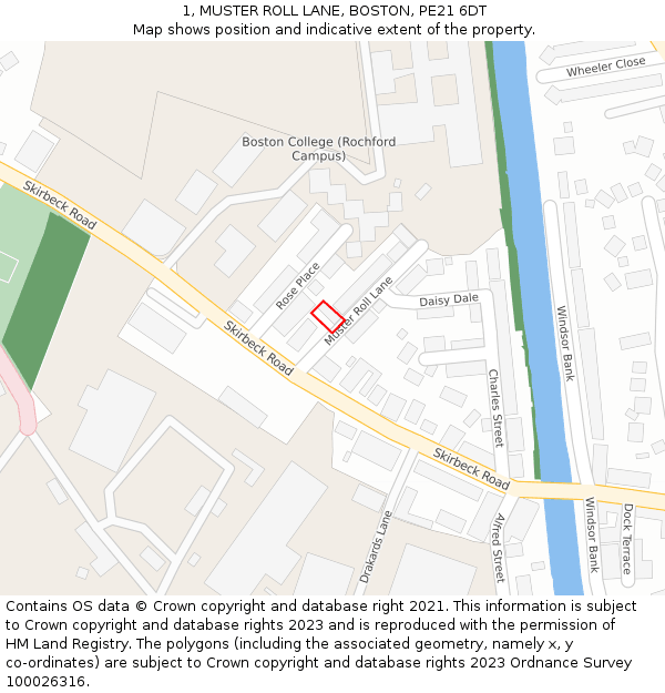 1, MUSTER ROLL LANE, BOSTON, PE21 6DT: Location map and indicative extent of plot