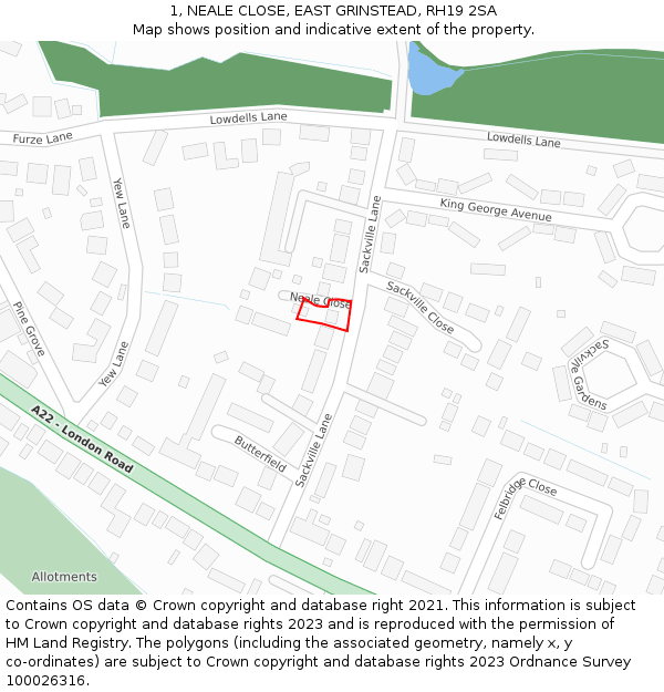 1, NEALE CLOSE, EAST GRINSTEAD, RH19 2SA: Location map and indicative extent of plot