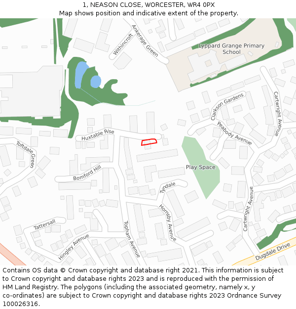 1, NEASON CLOSE, WORCESTER, WR4 0PX: Location map and indicative extent of plot