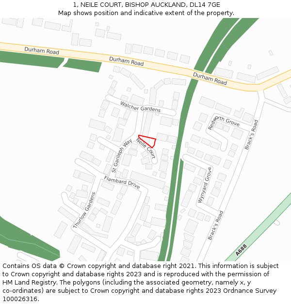 1, NEILE COURT, BISHOP AUCKLAND, DL14 7GE: Location map and indicative extent of plot