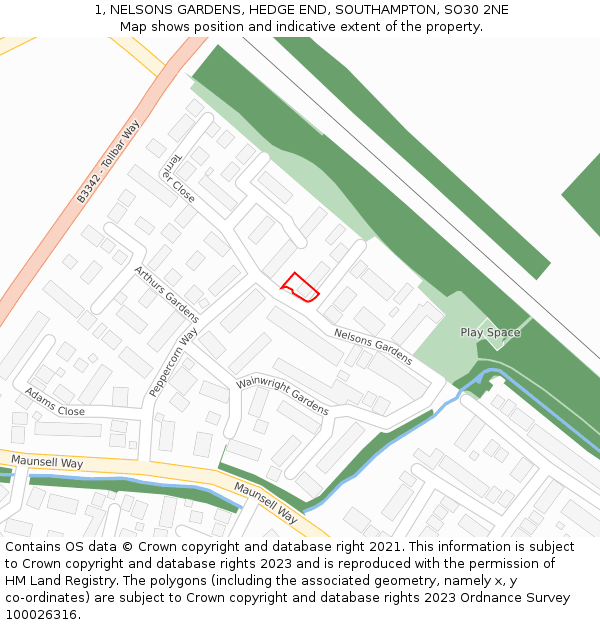 1, NELSONS GARDENS, HEDGE END, SOUTHAMPTON, SO30 2NE: Location map and indicative extent of plot