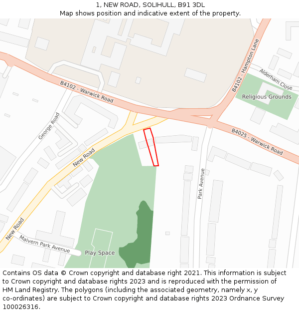 1, NEW ROAD, SOLIHULL, B91 3DL: Location map and indicative extent of plot