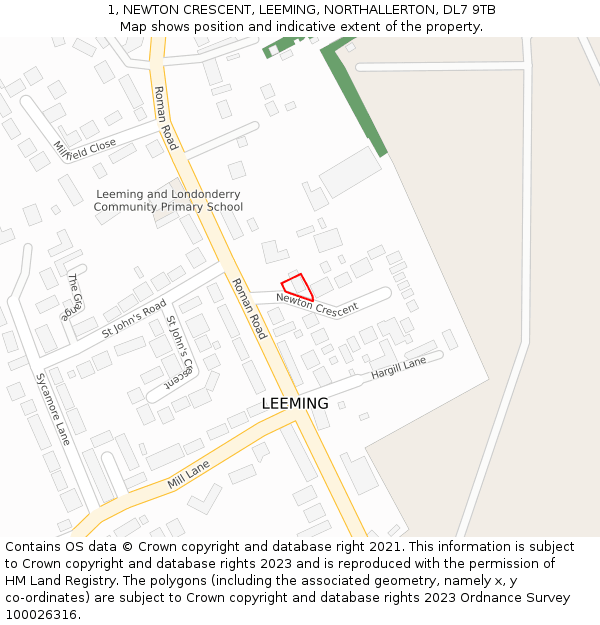 1, NEWTON CRESCENT, LEEMING, NORTHALLERTON, DL7 9TB: Location map and indicative extent of plot