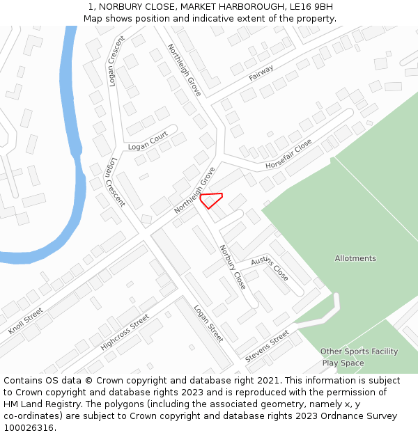 1, NORBURY CLOSE, MARKET HARBOROUGH, LE16 9BH: Location map and indicative extent of plot