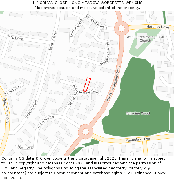1, NORMAN CLOSE, LONG MEADOW, WORCESTER, WR4 0HS: Location map and indicative extent of plot
