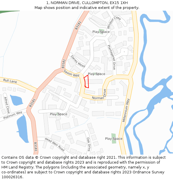 1, NORMAN DRIVE, CULLOMPTON, EX15 1XH: Location map and indicative extent of plot