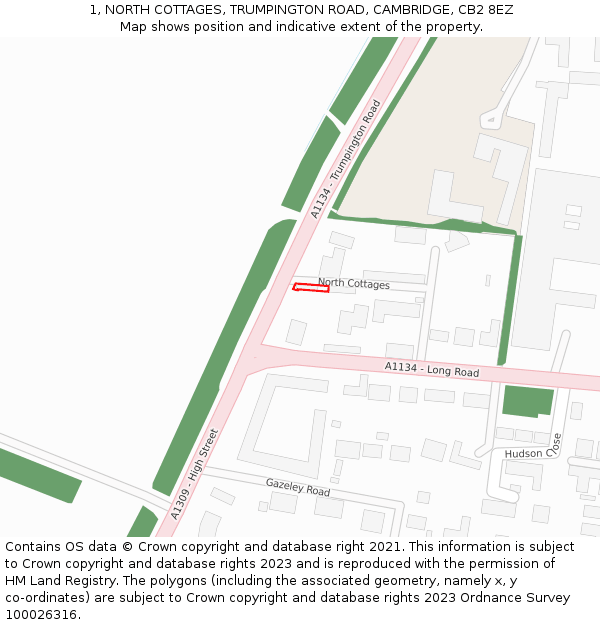 1, NORTH COTTAGES, TRUMPINGTON ROAD, CAMBRIDGE, CB2 8EZ: Location map and indicative extent of plot