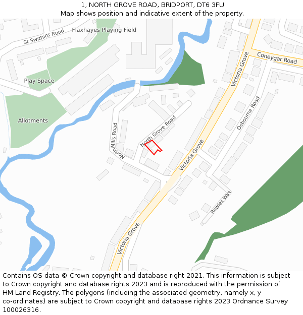 1, NORTH GROVE ROAD, BRIDPORT, DT6 3FU: Location map and indicative extent of plot