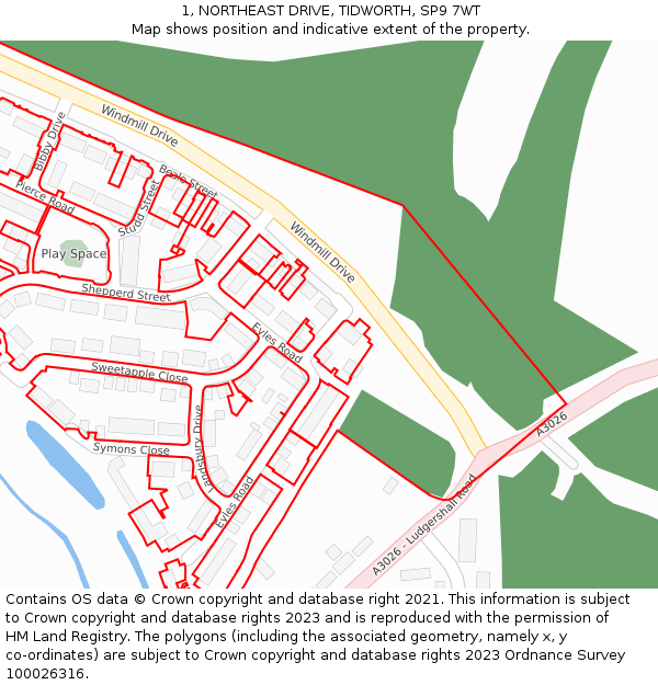 1, NORTHEAST DRIVE, TIDWORTH, SP9 7WT: Location map and indicative extent of plot