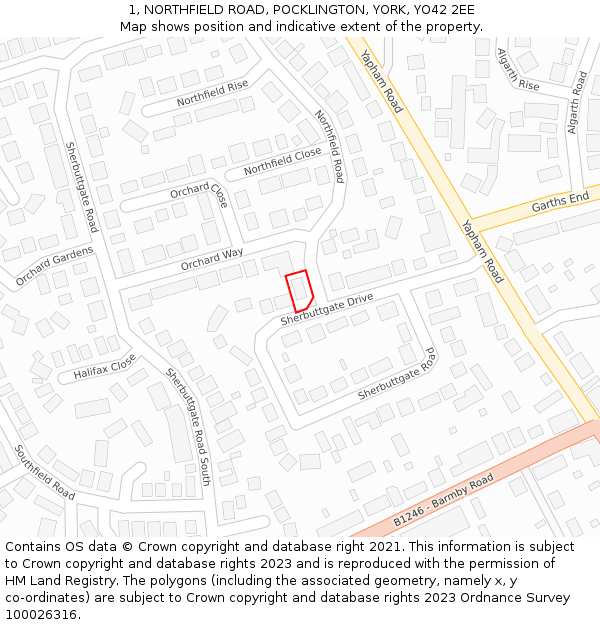 1, NORTHFIELD ROAD, POCKLINGTON, YORK, YO42 2EE: Location map and indicative extent of plot