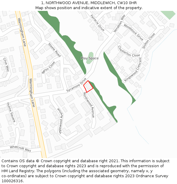 1, NORTHWOOD AVENUE, MIDDLEWICH, CW10 0HR: Location map and indicative extent of plot