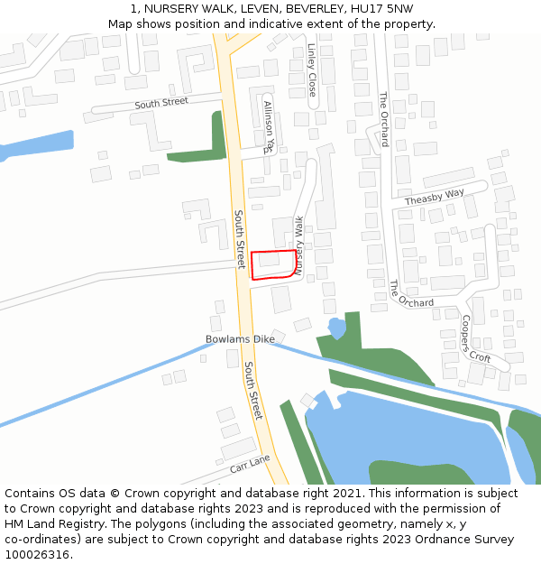 1, NURSERY WALK, LEVEN, BEVERLEY, HU17 5NW: Location map and indicative extent of plot
