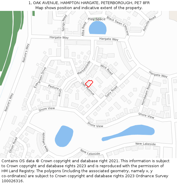 1, OAK AVENUE, HAMPTON HARGATE, PETERBOROUGH, PE7 8FR: Location map and indicative extent of plot