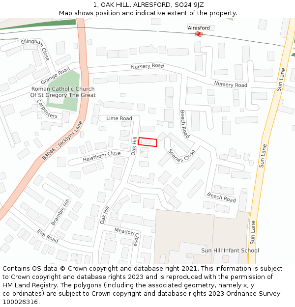 1, OAK HILL, ALRESFORD, SO24 9JZ: Location map and indicative extent of plot