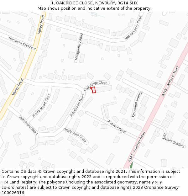 1, OAK RIDGE CLOSE, NEWBURY, RG14 6HX: Location map and indicative extent of plot