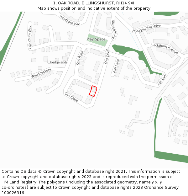 1, OAK ROAD, BILLINGSHURST, RH14 9XH: Location map and indicative extent of plot