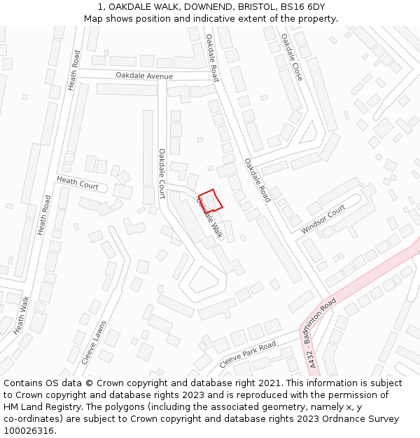 1, OAKDALE WALK, DOWNEND, BRISTOL, BS16 6DY: Location map and indicative extent of plot