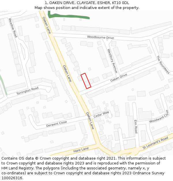 1, OAKEN DRIVE, CLAYGATE, ESHER, KT10 0DL: Location map and indicative extent of plot